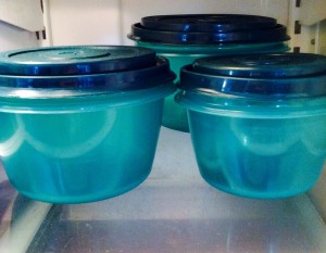 Green food storage containers close up